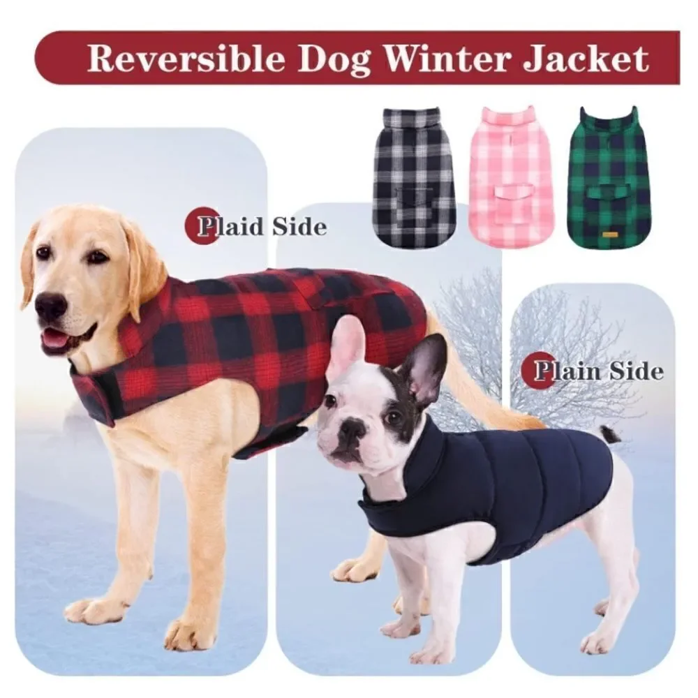 Kouser British Style Red Plaid Winter Dog Coat Jacket Reversible Size L NEW